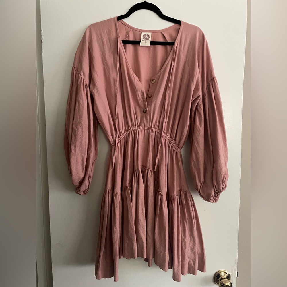 ELF Alessandra Puff Sleeves Linen Dress - Mauve Pink- Womens M